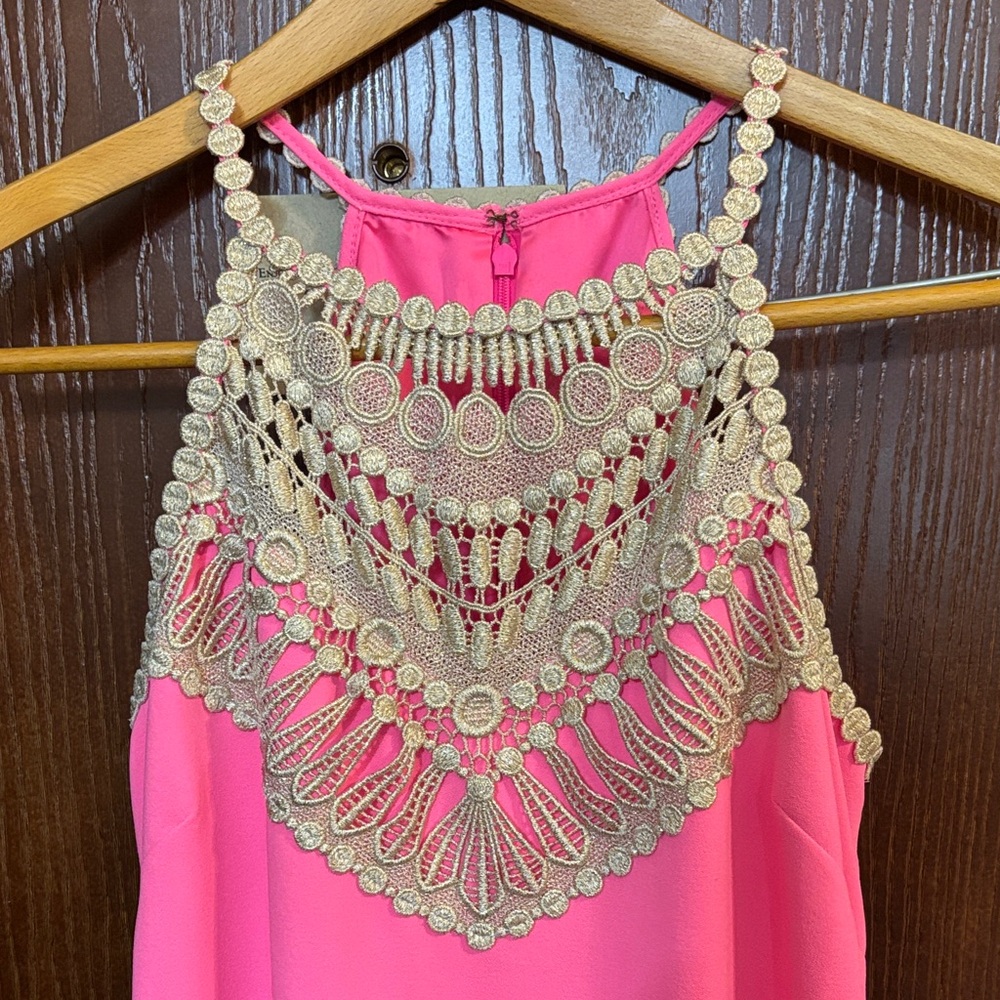 Lilly Pulitzer Pearl Romper Pink Tropics Size 6 Gold Lace Resort EUC - Picture 2 of 8